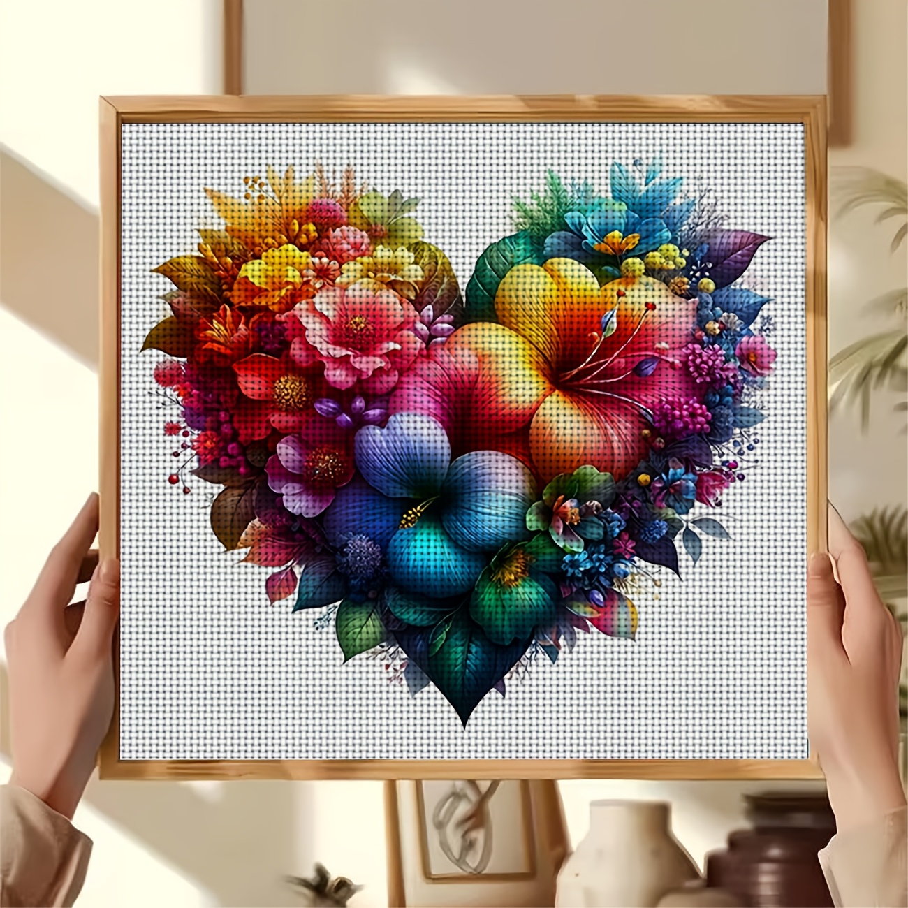 Cross Stitch Printed Kit, Frameless Colorful Flowers Heart Design