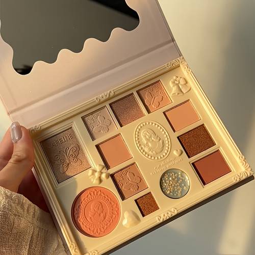 12 colour matte and shimmer eyeshadow palette with long lasting highlighter and contouring powder blush set