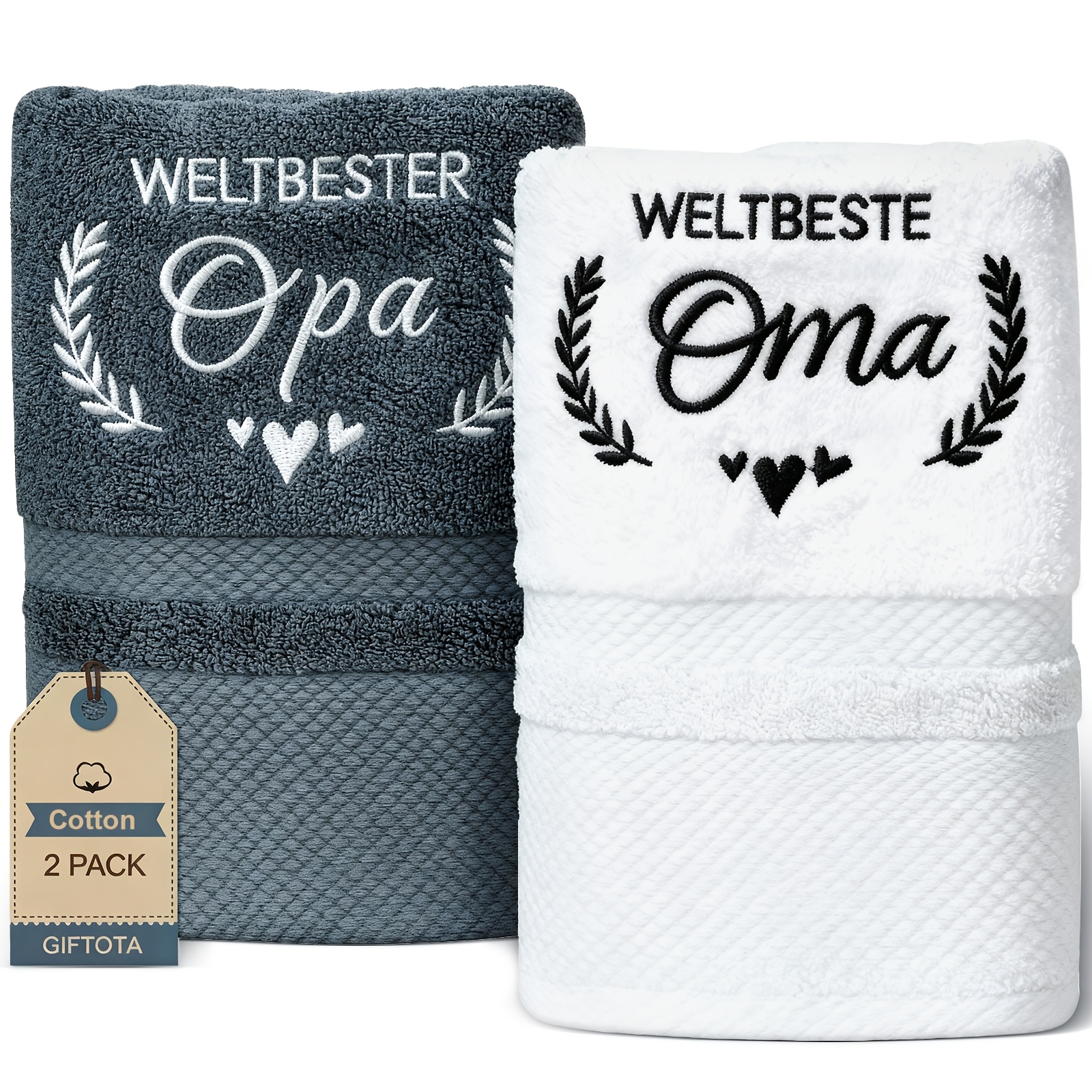 Image of 2 Pack Embroidered Grandparents Towel Set | Absorbent Grey/white Kitchen & Hand Towels, 75x35 Cm, Perfect Gift For Birthday, Christmas, Grandma, Grandpa