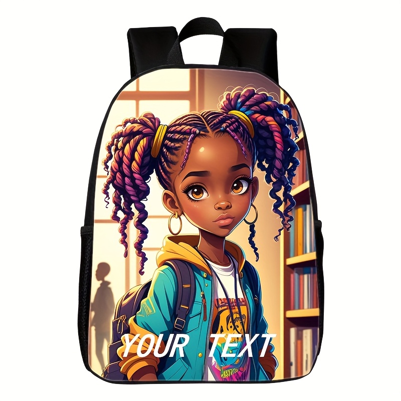 African Girl Backpack with Book Corner Print - Large Capacity Lightweight School Bag, Adjustable Straps & Tablet Compartment, Durable Zipper Closure, Hand Wash Only, Everyday Carryall | Personalized Text Area | Secure Storage, Backpack for School