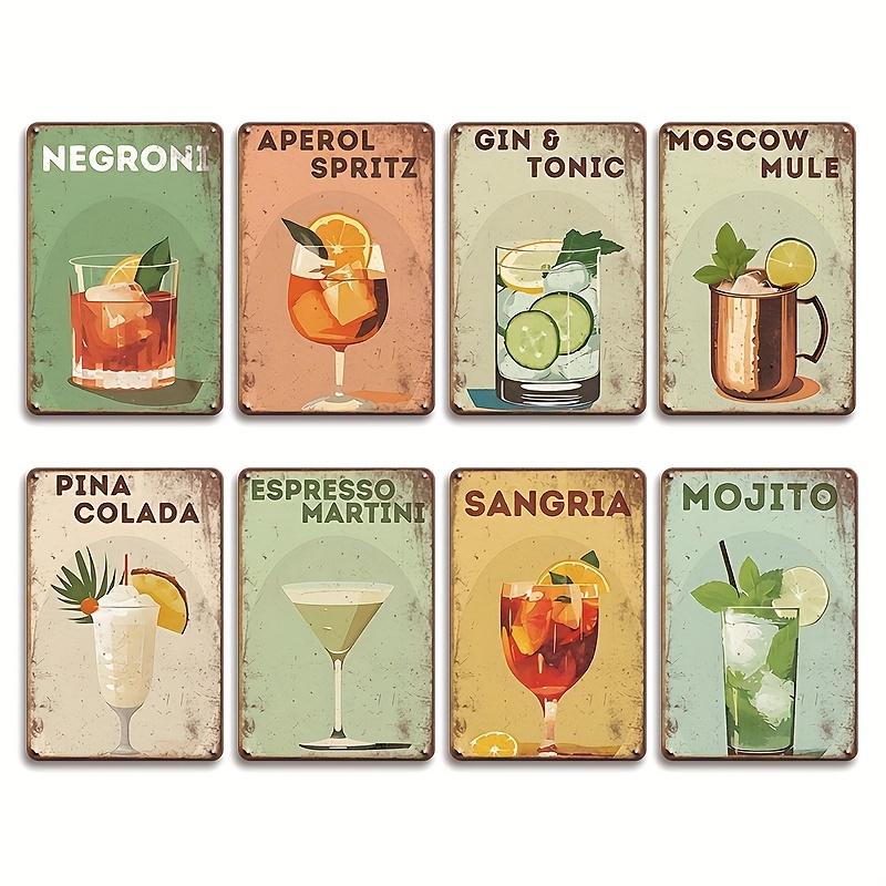 conjunto de 8 peças de   metálicos de coquetéis   vintage -   de parede  , pôster e placa para decoração     de bares, cafés, restaurantes, cervejarias e garagens 0