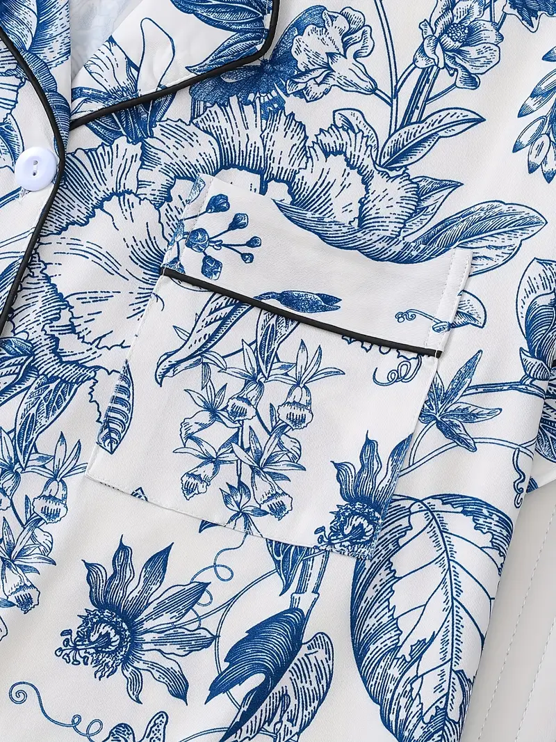 three piece womens elegant polyester pajama set fabric comfortable for short sleeved button top matching shorts and pants with full body printing and pocket details suitable for adult pajama set Product details 3