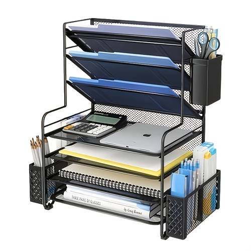 organisateur de fichiers de bureau à 7 niveaux en métal durable avec étagères réglables, tiroir et porte-stylo amovible, solution de rangement noire