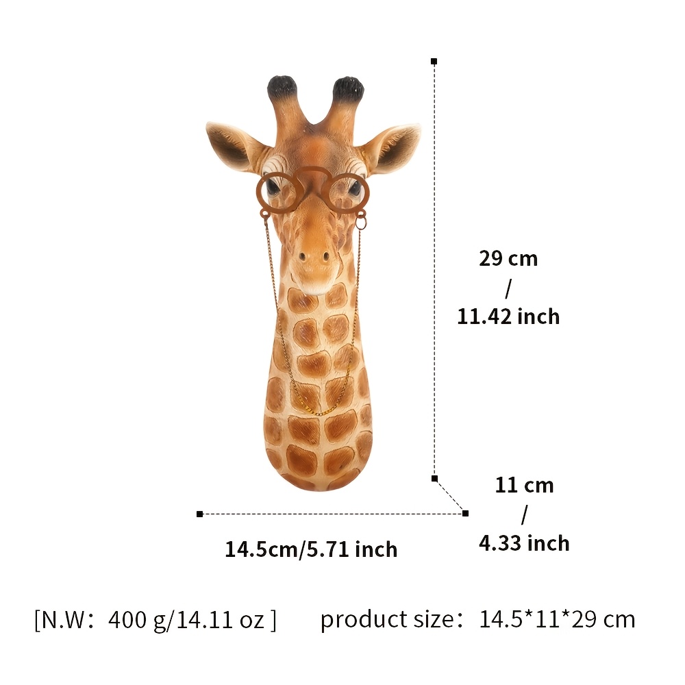 TEMU 3d Giraffe Head Wall Sculpture With Vintage Glasses Chain - Boho Resin Giraffe Bust Statue, Vertical Hanging Animal Decor Suitable For