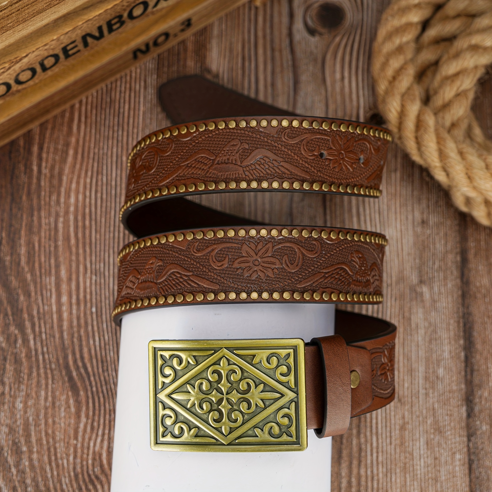 Men's Belt with Unique Square Cross & Eagle Feather Buckle