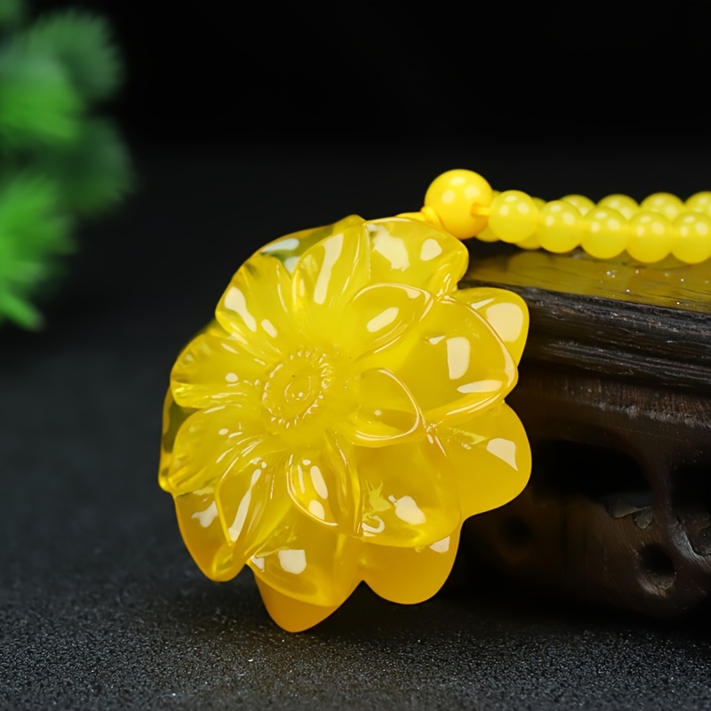 Exquisitely Carved Yellow Flower Pendant Necklace