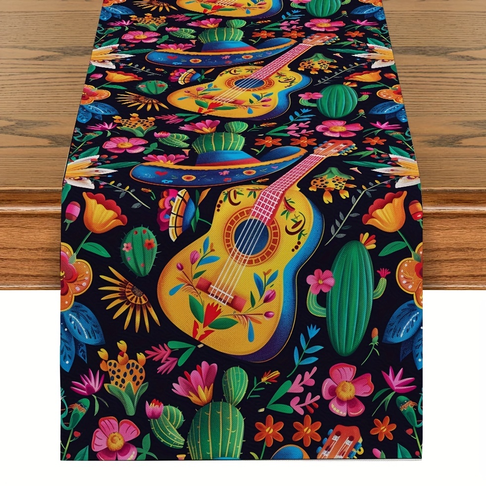

1pc, Table Runner, Green Cactus, Band, Guitar, Straw Hat Pattern Table Runner, Mexico Style Colorful Printed Table Runner, Day Of The Dead Decorative Table Runner, Room Decor