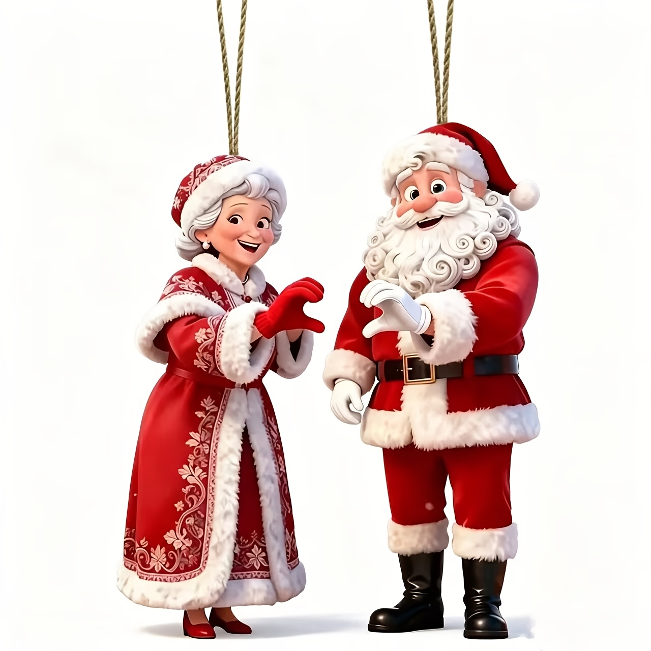 TEMU Ornement Acrylique Paire Père Noël et Madame Noël Plat 2D, Décoration de Noël à Suspendre au Rétroviseur de Voiture, Pendentif Décoratif pour