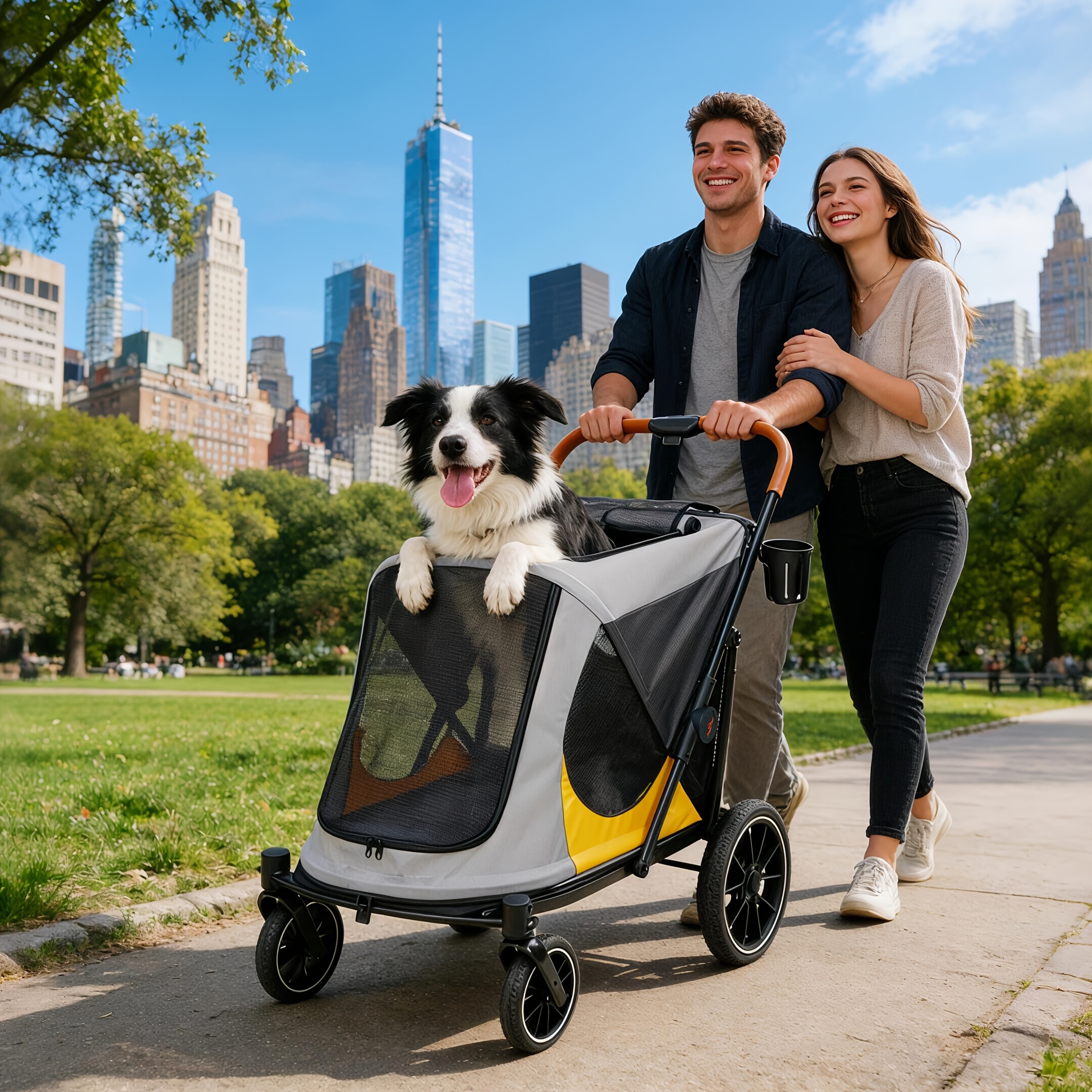 Large Dog Stroller with 4 Wheels: Foldable Pet Stroller for Medium Large Dogs Up to 42Kg, Dual Entry Pet Stroller with Mesh Windows, Storage Pocket, Cup Holder And Brake System, 86X65.5X102 Cm