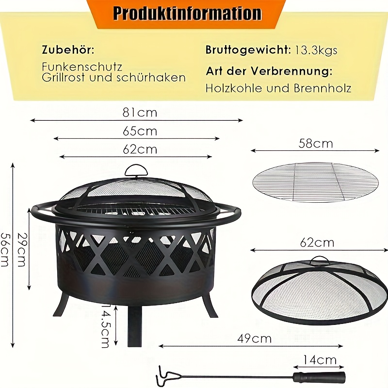 Fire Bowl, Fire Bowls For The Garden, 81cm Fire Bowl Outdoor With And , Fire Basket With Grill Grate (58cm), For Camping Heating