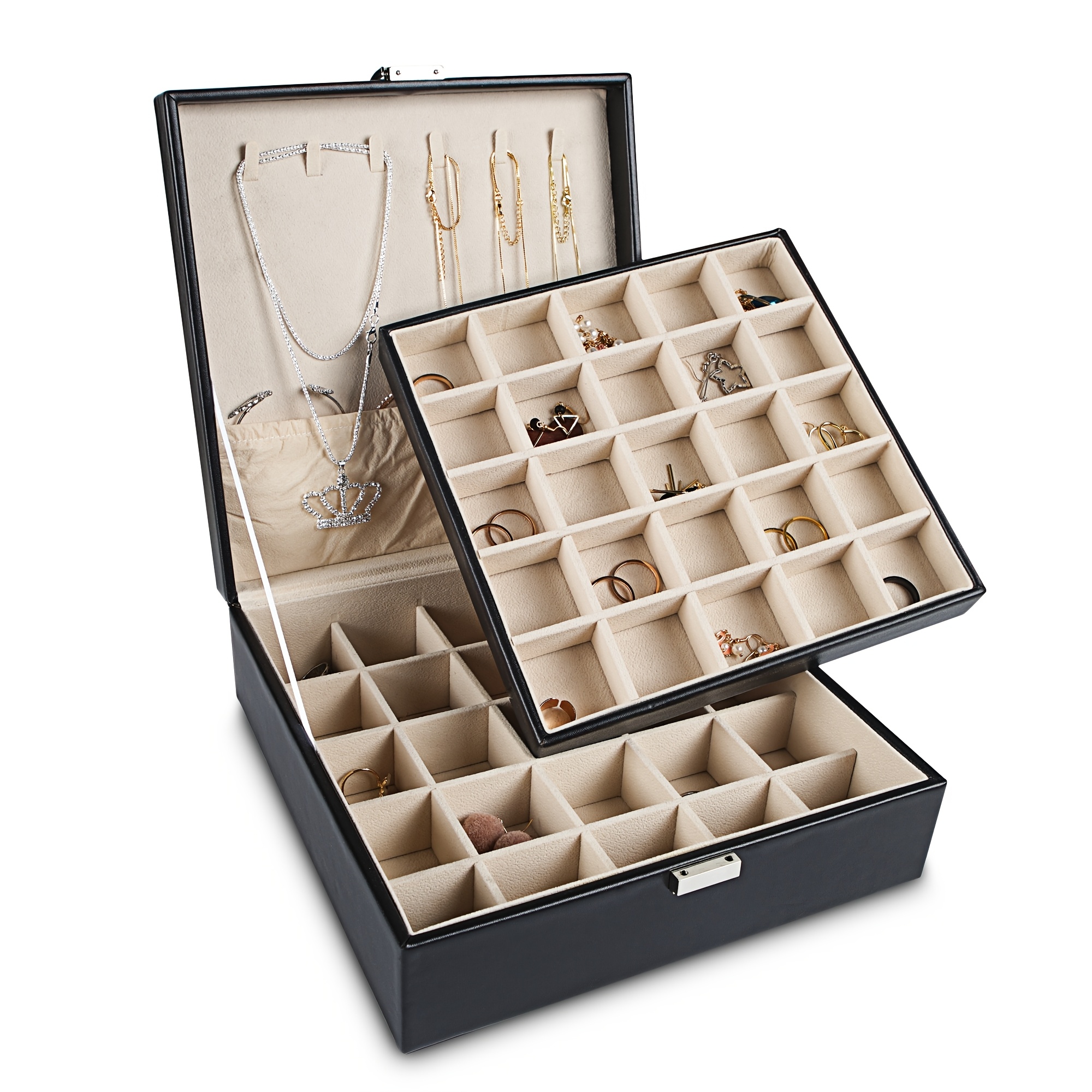 Image of Frebeauty Earring Storage Box, Classic Jewelry Box, 50 Compartments, Double Layer Jewelry Storage Box With 6 Necklace Hooks And Bracelet Pocket, Mother's Day Gift