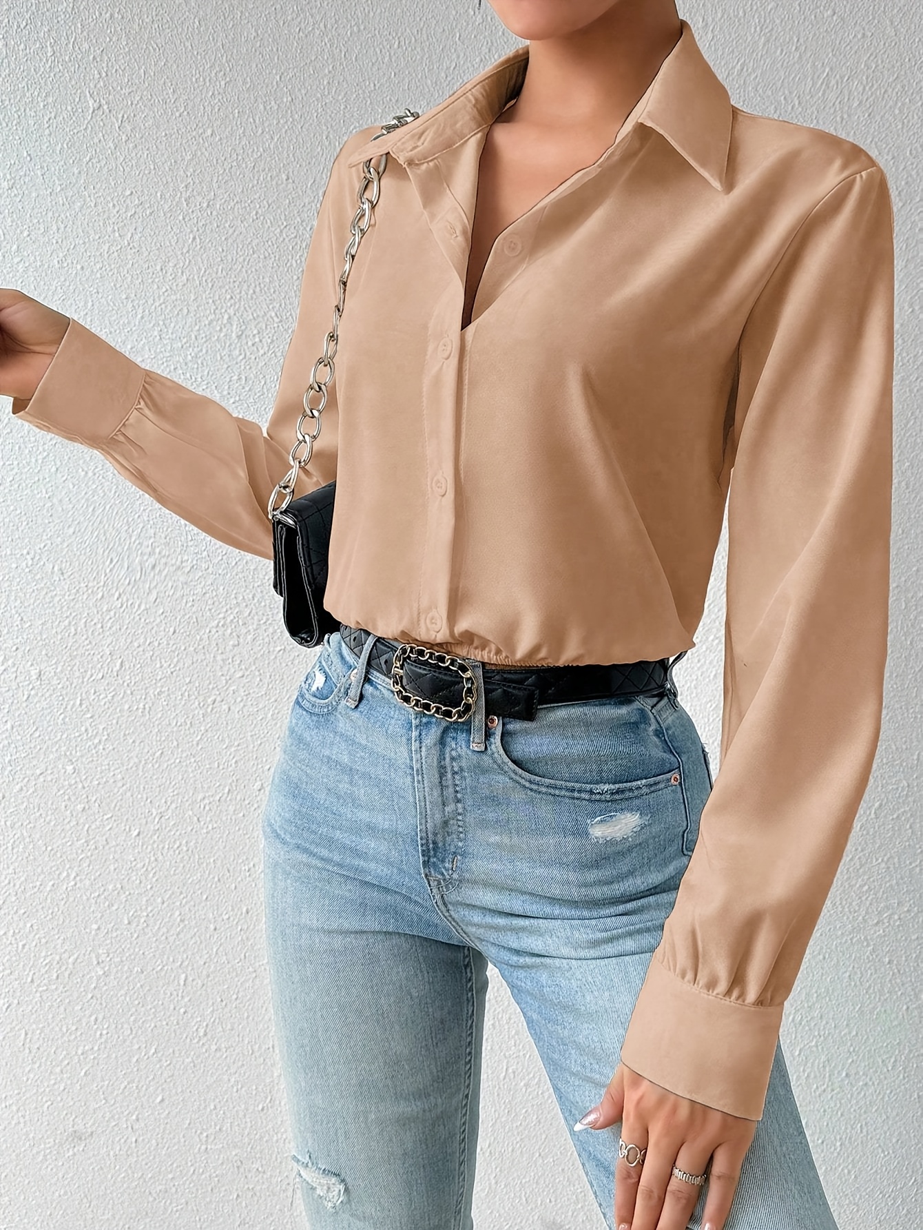 women's elegant long sleeve shirt bodysuit solid color classic