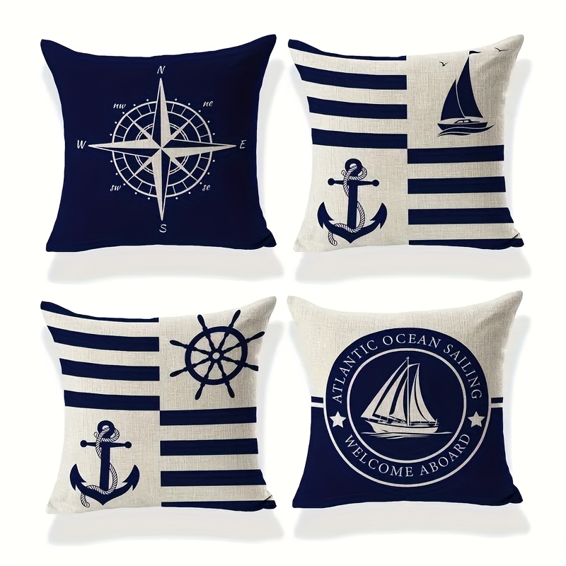 TEMU 4pcs Nautical Pillowcase Set, , Sizes, Sailboat Compass Anchor Commemorative Decorative Cushion Covers For Bedroom, No Pillow Inserts
