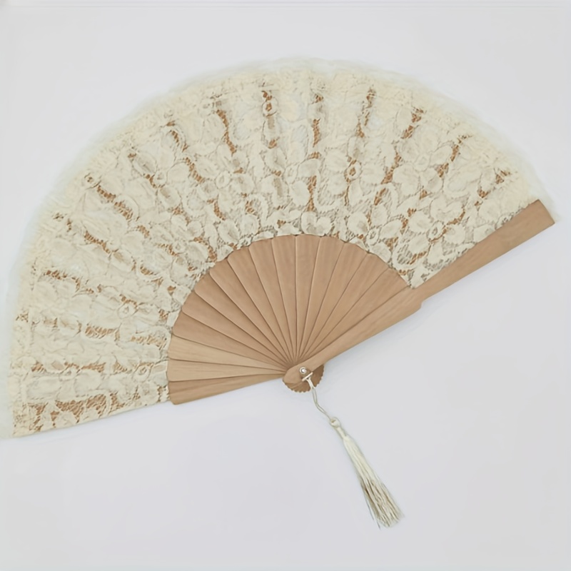 TEMU Personalized Bohemian Wedding Fan - Custom Name & Date Solid Wood & Polyester Tassel Decorative Fan With Lace-like Floral Cutouts For Weddings,