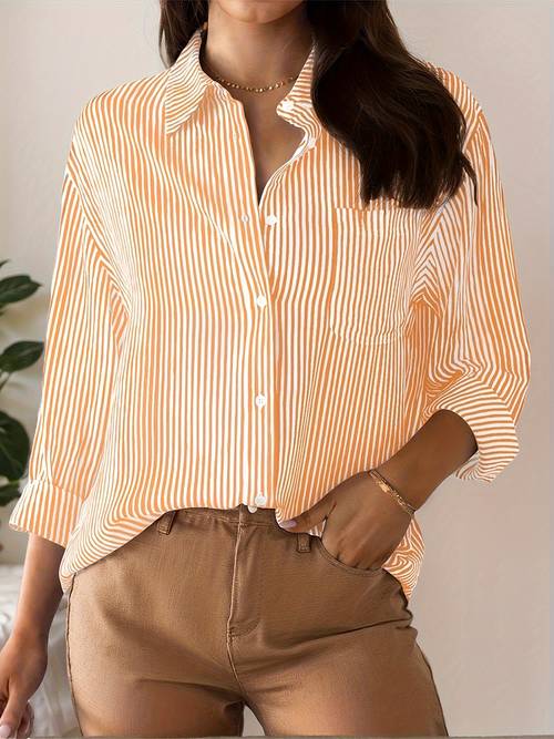 striped print button up shirt casual long sleeve lapel neck shirt with pocket womens clothing