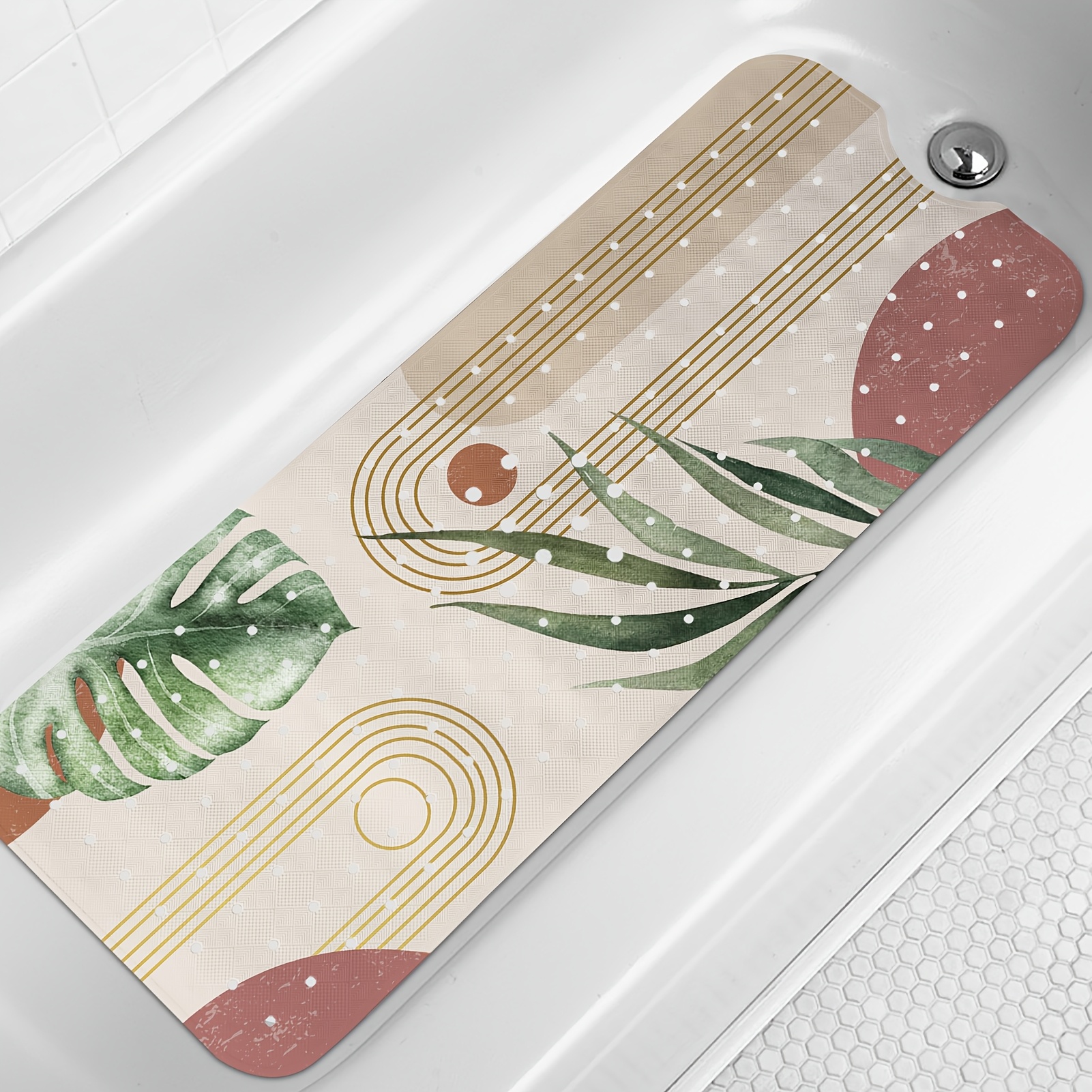 TEMU Bathtub Mat Non Slip, Boho Extra Long 40 X 16 Inch Anti Slip Mat For Bathtub, Boho Art Abstract Shower Mat With Drain Holes And Suction Cups,