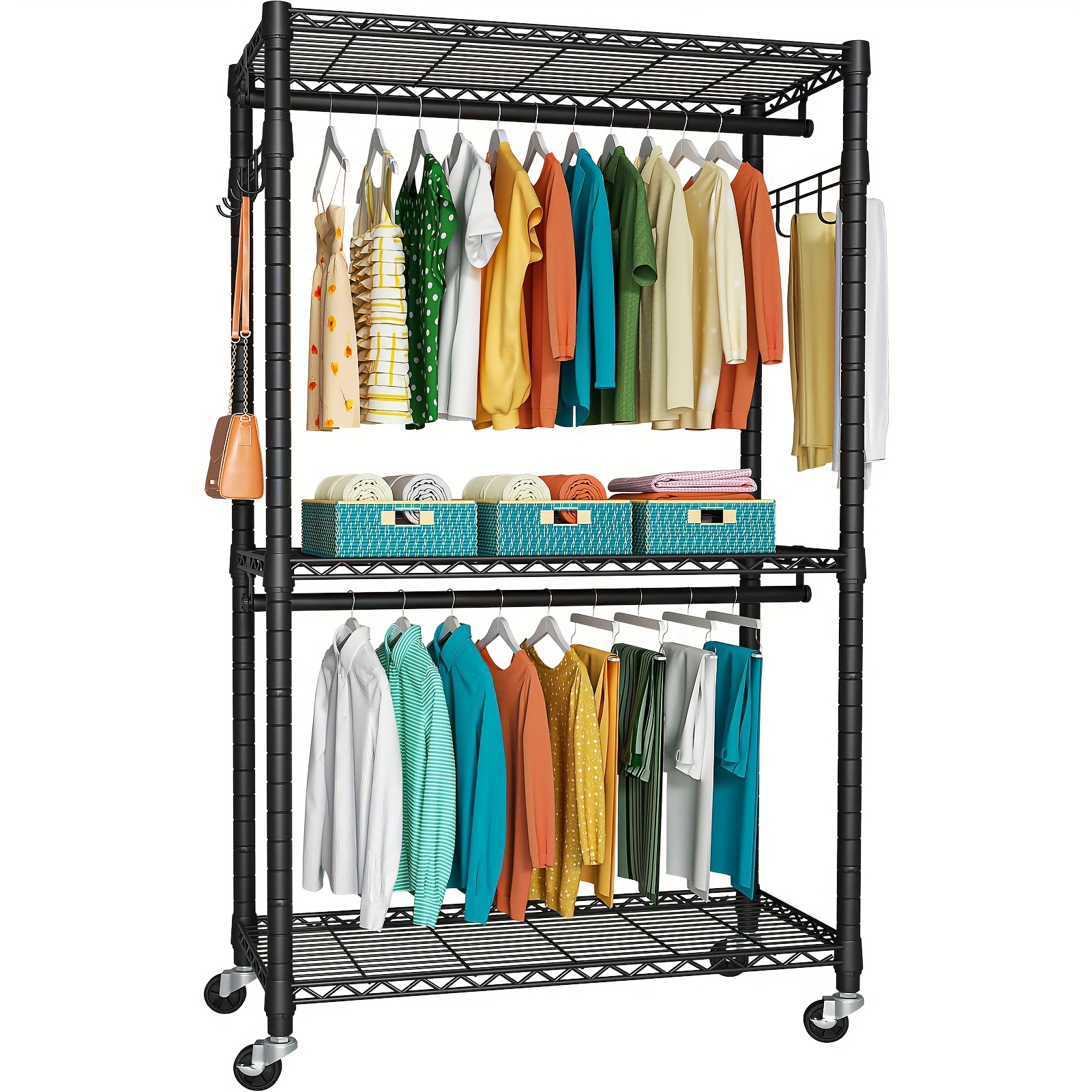 

Heavy Duty Rolling Garment Rack, 3 Tiers Wire Shelving Closet Organizer With Lockable Wheels, Double Hanger Rods & Side Hooks, Freestanding Metal Storage Rack, Max 450 Lbs, Black