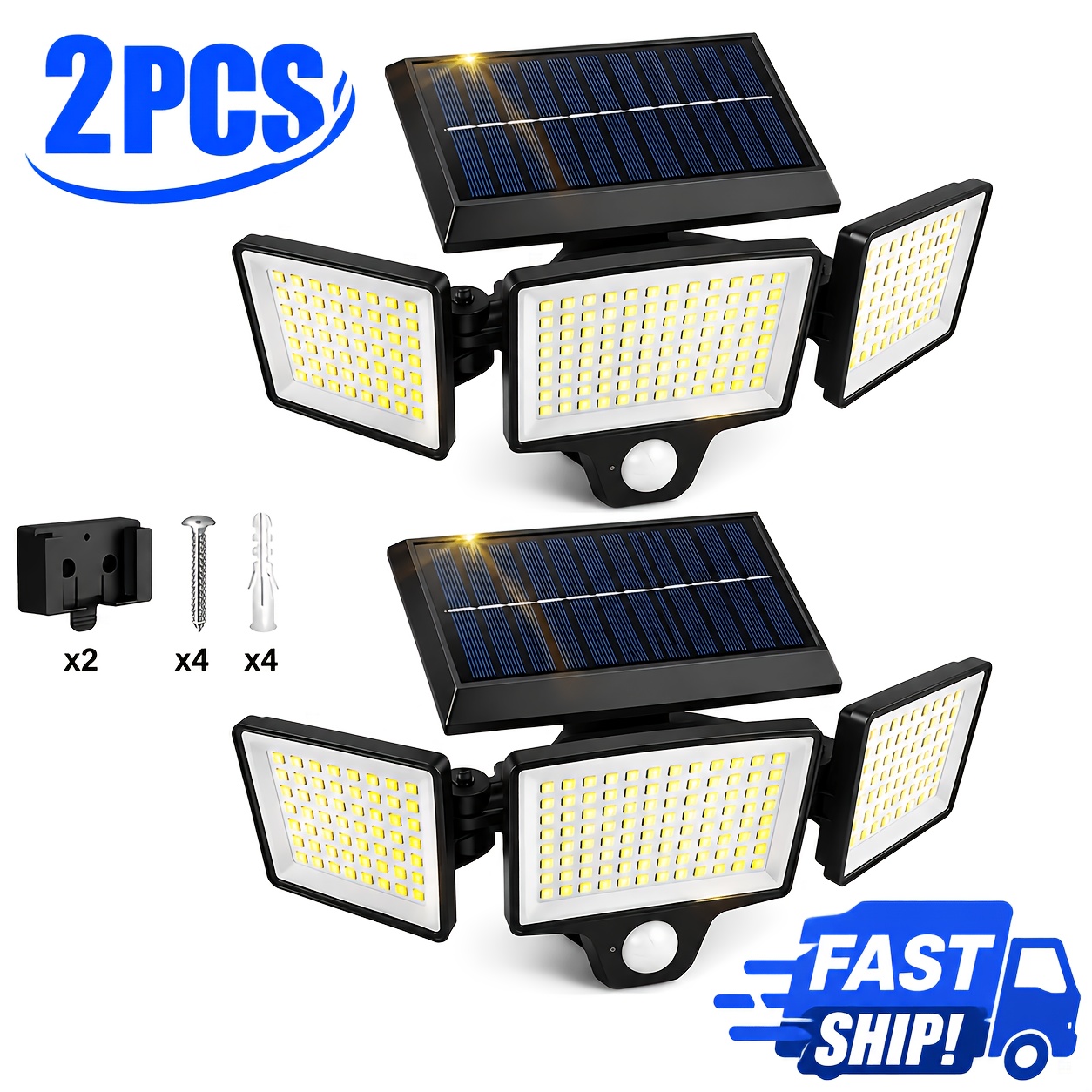 TEMU 2-pack 208 Led Solar Motion Sensor Outdoor Security Light, 3000lm 270° Wide Angle 3-head Adjustable Flood Lamp, Ip44 6500k Solar Powered Wall