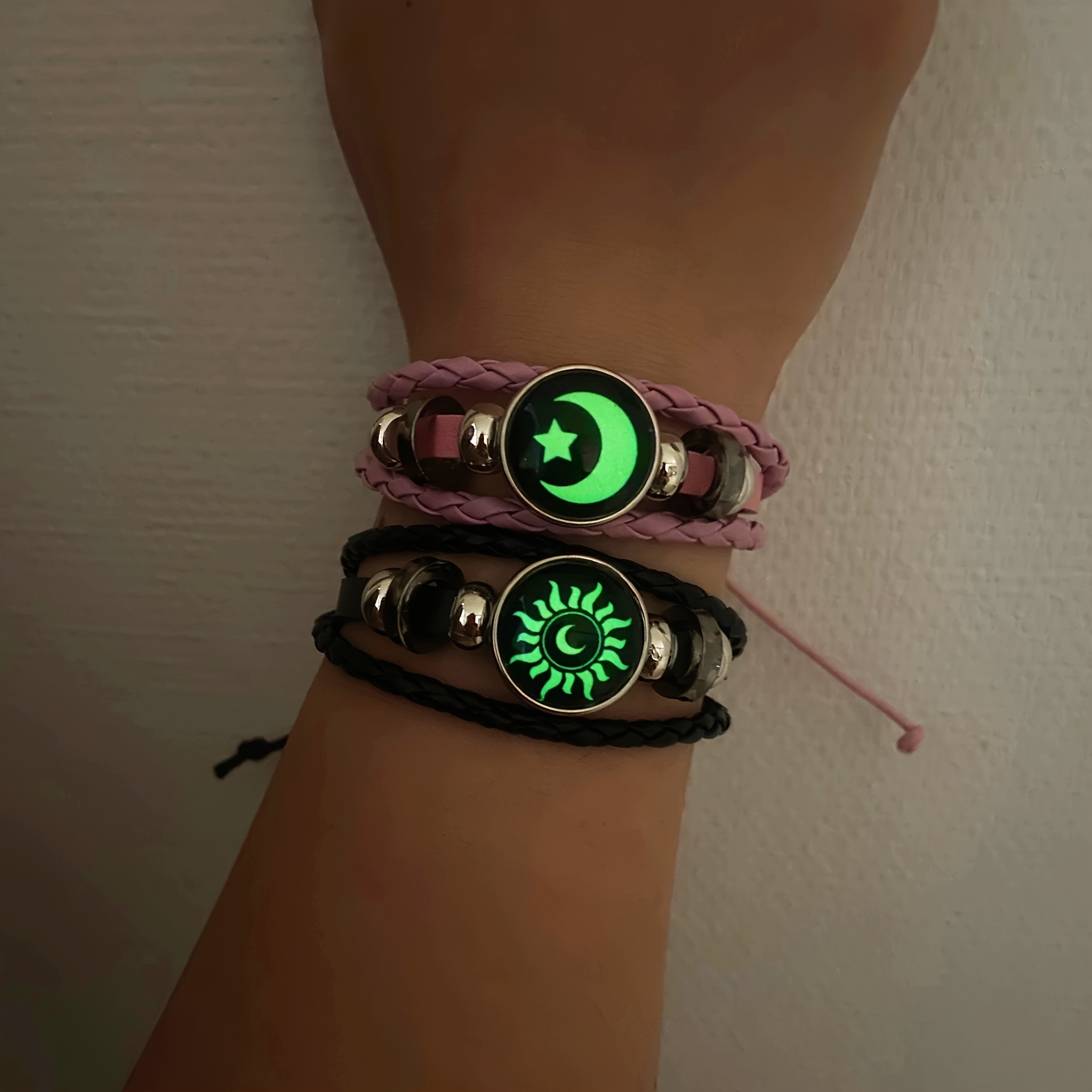 Image of 2pcs/set Luminous Fashionable Handmade Woven Couple's Sun, Moon, And Stars Bracelet Set,, Combination Glowing Jewelry Gifts For Music Festival/ In East/hallowmas