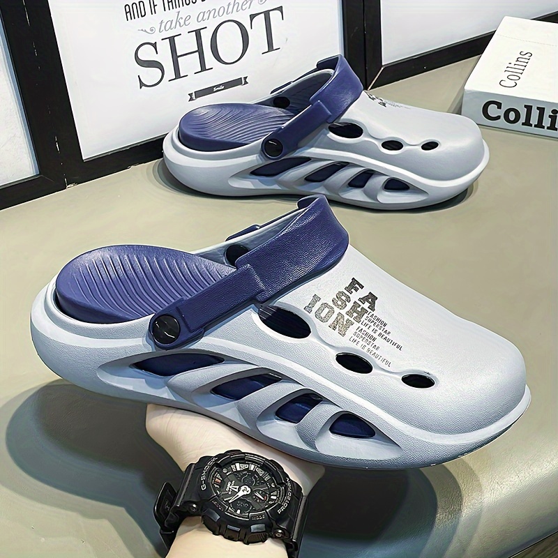 mens trendy street style color block hollow out chunky clogs comfy non slip durable anti odor eva slippers for mens outdoor activities details 17