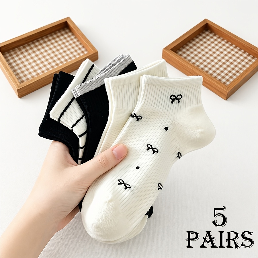 TEMU 5-pair Women's Ankle Socks, With Bow, Polka Dot, And Striped Patterns, Ribbed Cuffs, Breathable And Comfortable, . Suitable For Women' Commuting