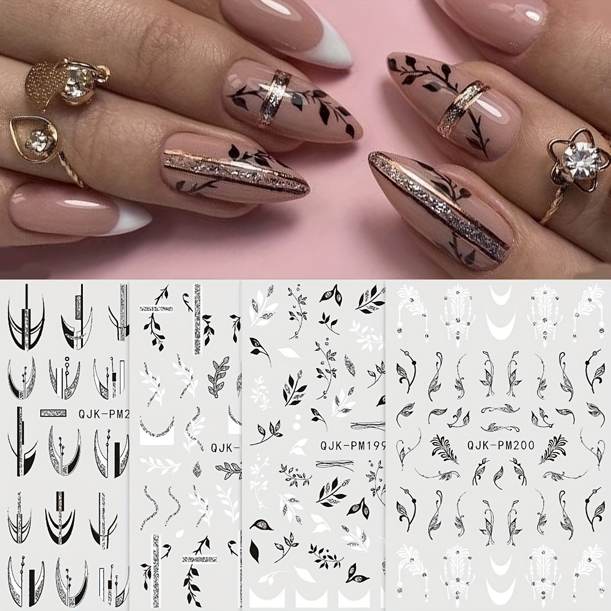 

4 Sheets Black Silver 3d Nail Stickers Spring Flowers Leaves Glitter Sequin Geometric Lines French Nails Adhesive Stickers Decals Manicure Decorations