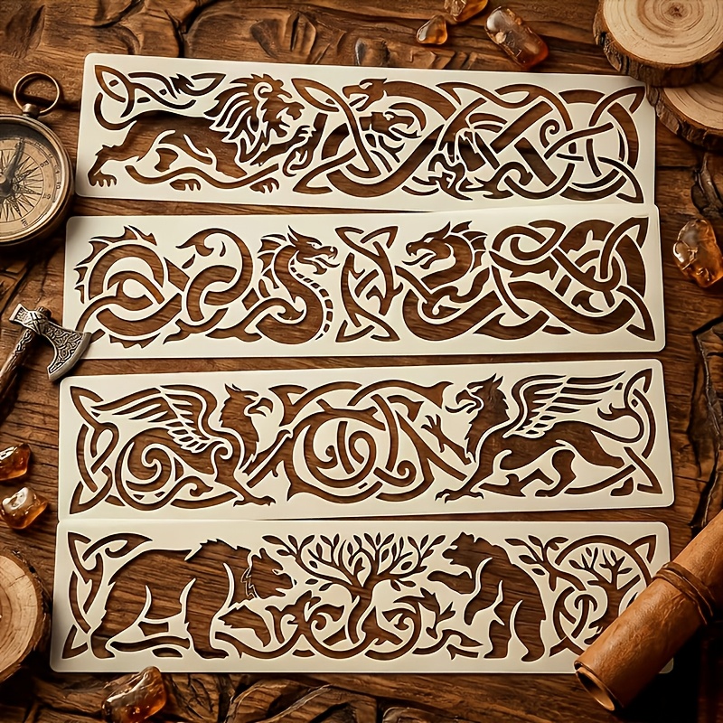 TEMU Viking Totem Stencil Set, 4pcs, Ideal For Wall, Canvas, And Furniture Painting, Intricate Design Templates, Including Celtic Knot, Lion, Dragon,