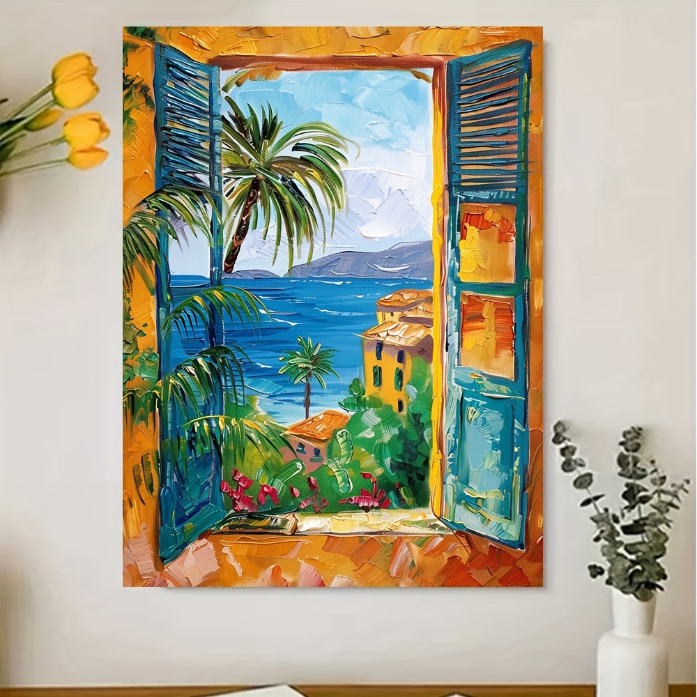 

-inspired Seascape Canvas Print - Vibrant Open Window View With Palm Trees, Perfect For Home & Office Decor, 12x16 Inch, Unframed Bring The Beauty Of Nature Indoors