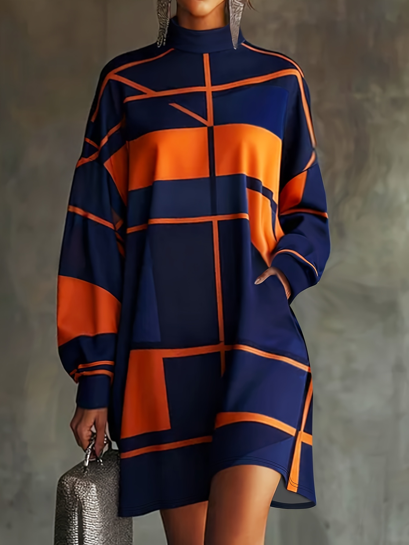 2026 Color Block Shift Dress Commuting * Block * High Collar Lantern Sleeve Loose Straight Short Dress Casual * Retro * Pocket Color Block T-Shirt Dress