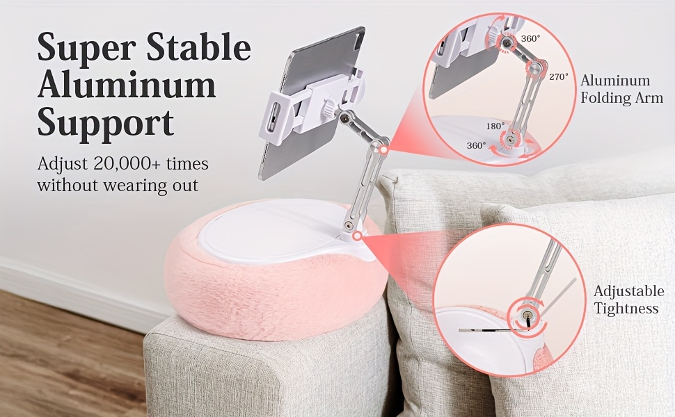 3-in-1 Kindle Pillow Stand with 3-Axis Adjustable Arm, Tablet Stand with Snack Bowl & Lap Desk - Heavy-Duty Aluminum Alloy, 11.94-39.62cm Compatible, Hands-Free Reading, Tablet Holder, Tablet Accessory, Tablet Holder For Bed