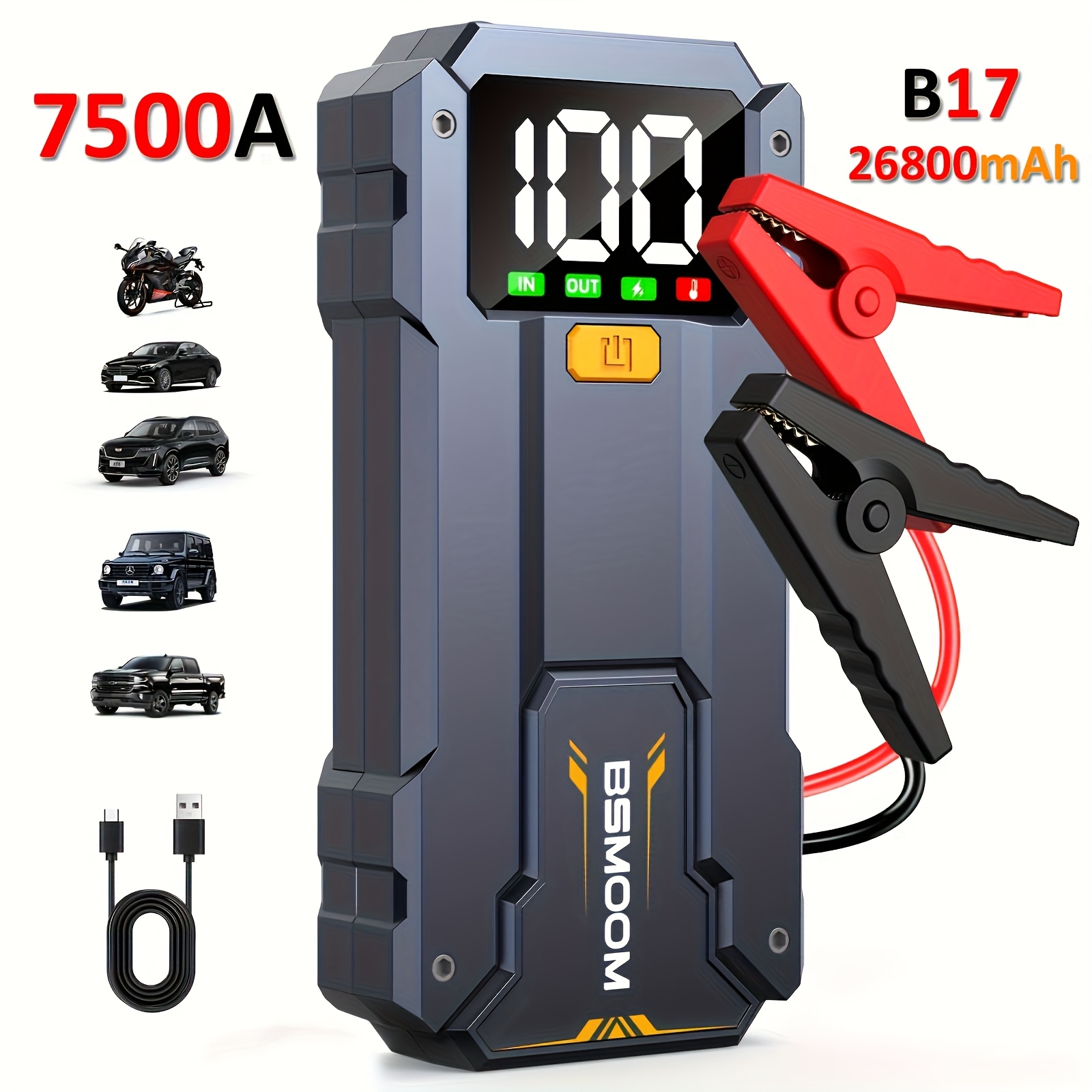TEMU 12v Car Jump Starter, Portable Car Jump Starter, 9000a , Car Battery Booster, 12800mah/ 26800mah Power Bank For Phone, Fast Charger, Led Light,