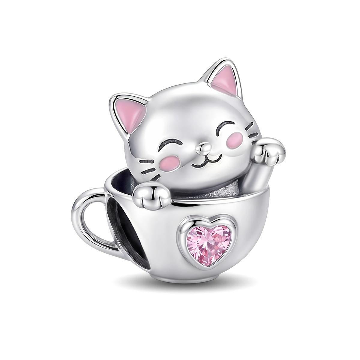 TEMU 1pc Kitten In Cup Charm Pendant Beaded For Women's Jewelry, 925 Silver Plated, Jewelry Making Additions Holiday Party Birthday Valentine's Day