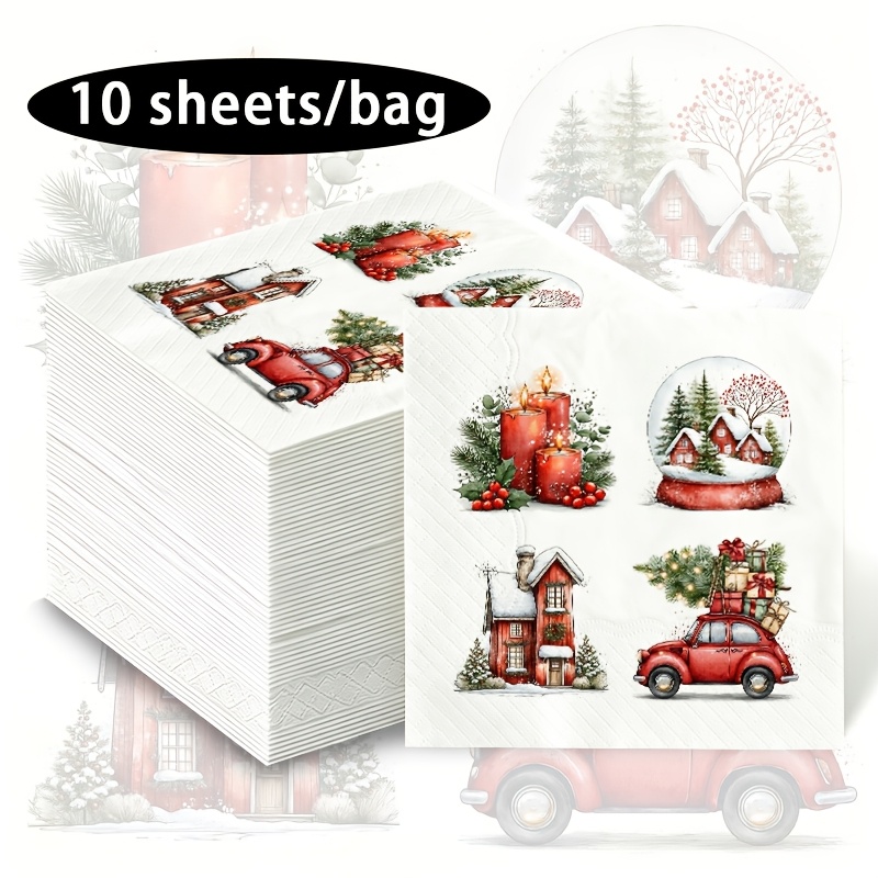 TEMU Cozy Christmas Red-themed Napkins, Vintage Red House And Candle Pattern Printed Tissues, A Popular For Festive Settings, Classic And Warm Winter