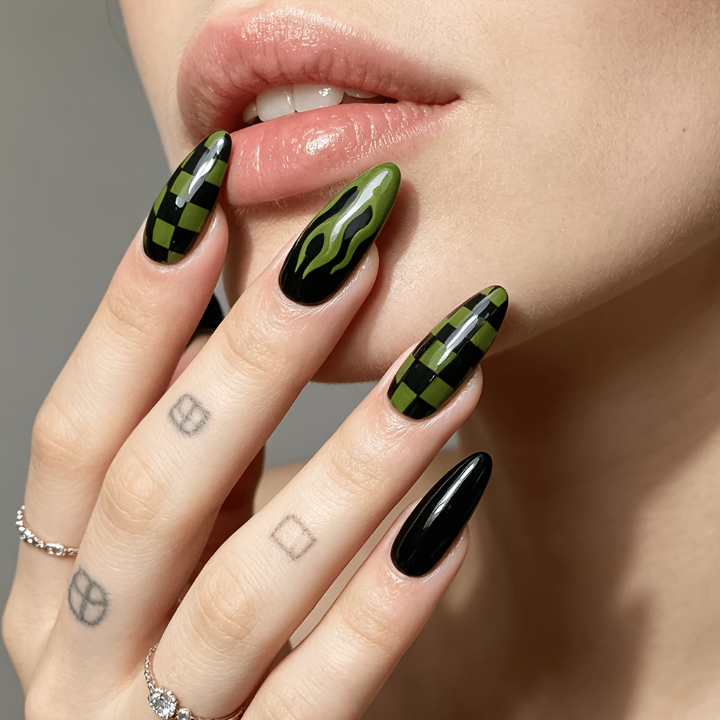 TEMU 24pcs Gothic Press-on Nails Suitable For Women's Almond Shape False Nail Tips, Y2k Nail Art With Print, Medium Length Nail Set For Spring Summer