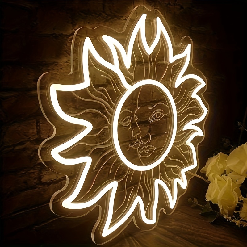 Sun Moon 3d Led Neon Sunflower Neon Retro Sun Face Moon Neon - Temu