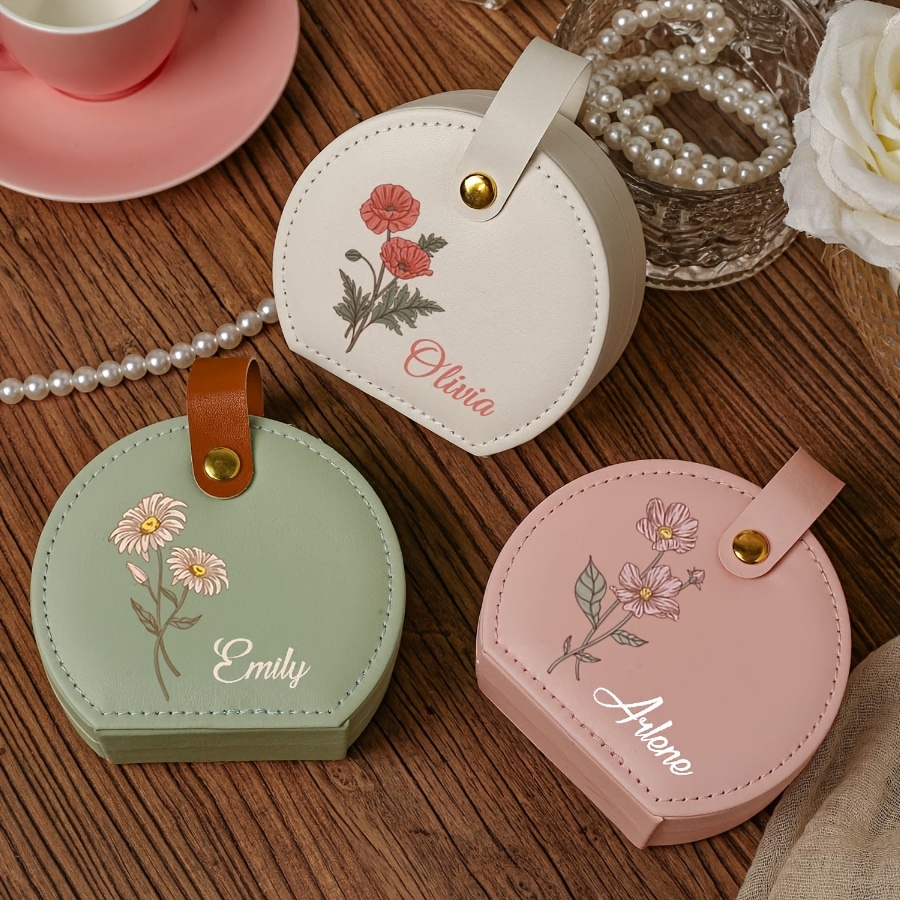 TEMU Personalized Name Jewelry Box For Bridesmaids, Polyvinyl Chloride Synthetic Leather Travel Jewelry Case With Birth Month Flower Theme, Flocking