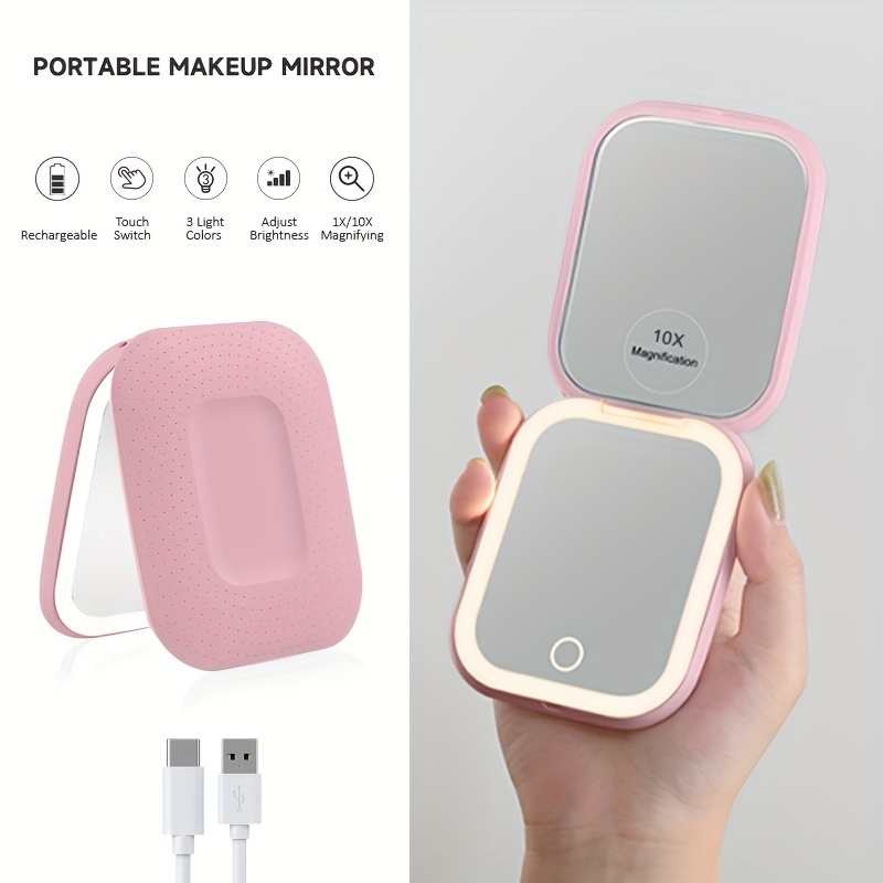TEMU Rechargeable Travel Makeup Mirror With Lights, Portable Lighted Beauty Mirror, 3 Color Lighting, Dimmable Touch Screen, Led Folding Cosmetic Mirror