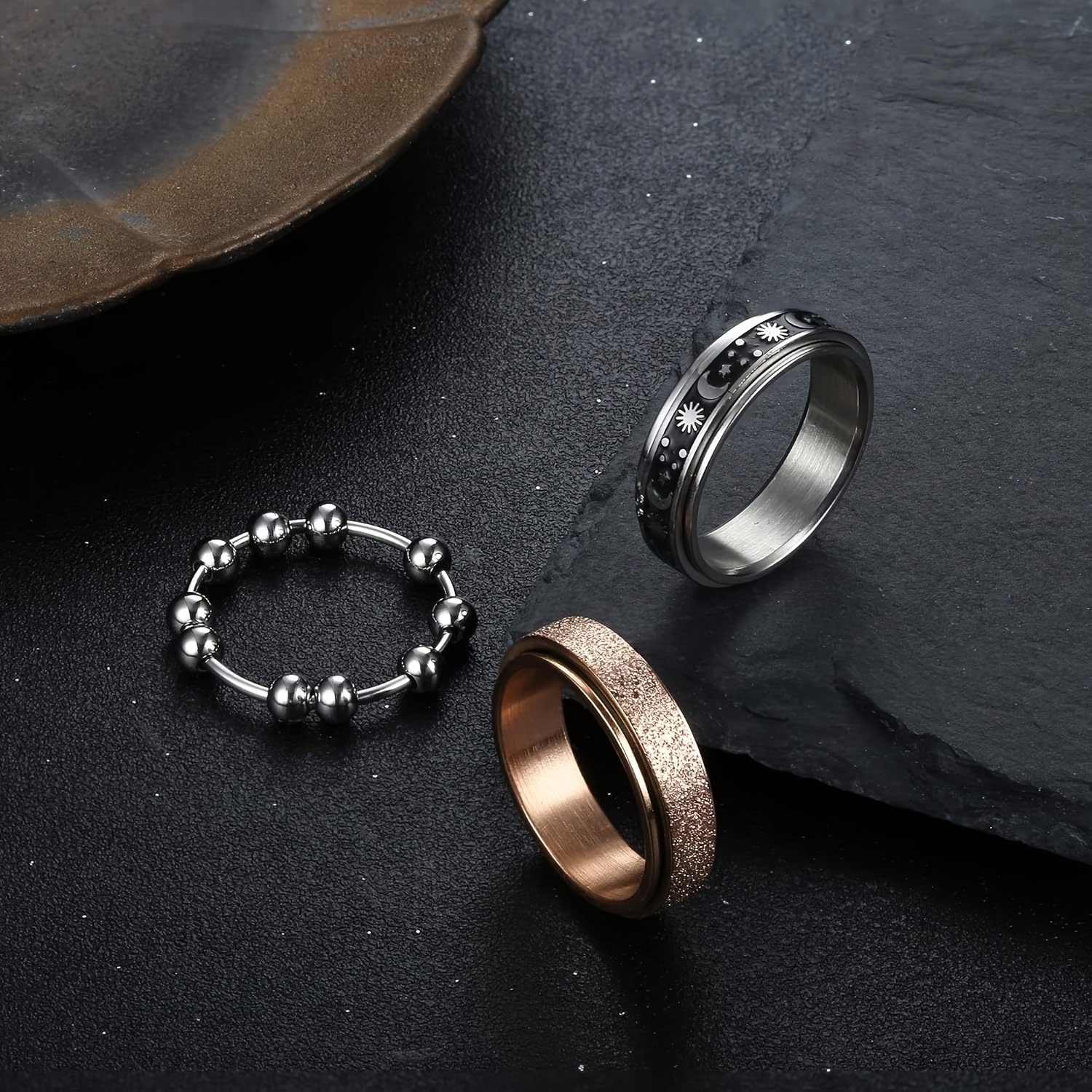 6pcs 316l stainless steel spinning fidget rings for teenager relax anxiety relief with beads moon star flower designs 316l 316l stainless steel casual jewelry fidget spinners for teenager Product details 1