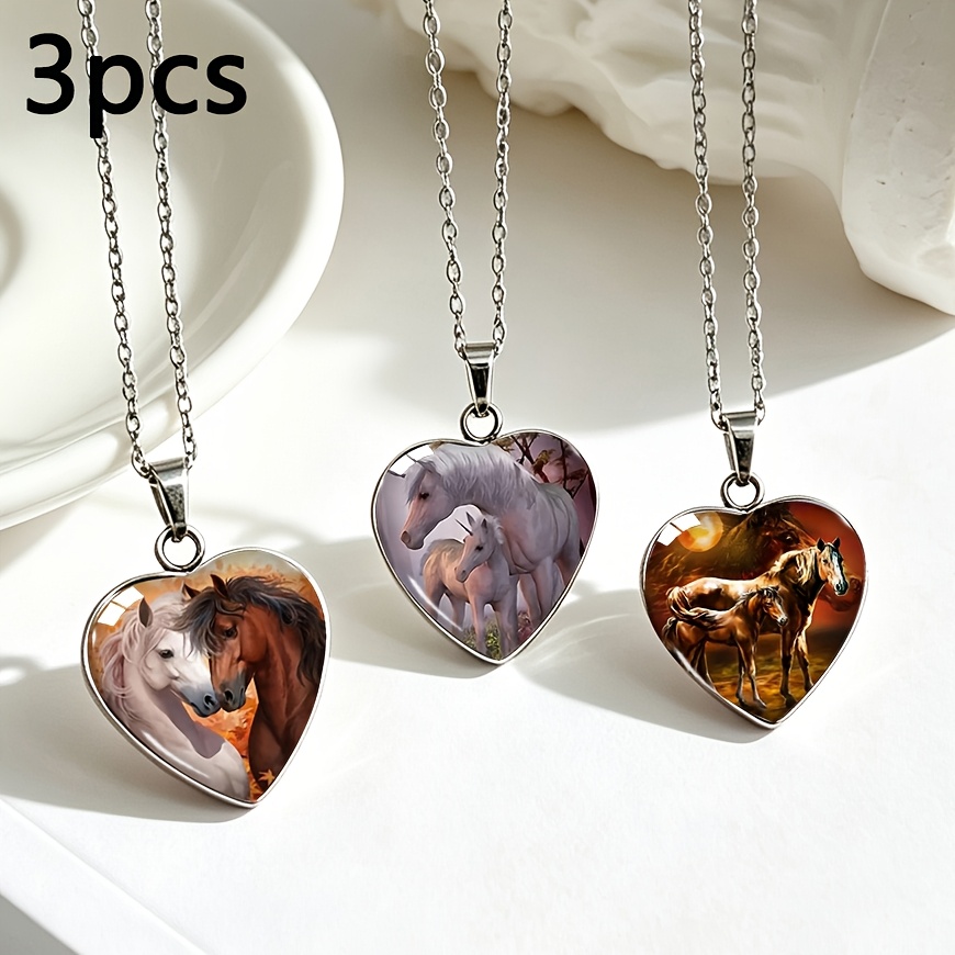 TEMU 3pcs Set Heart-shaped Stainless Steel Teardrop Necklace With Autumn Forest Brown And White Horse Realistic Oil Painting Heart Glass Pendant,