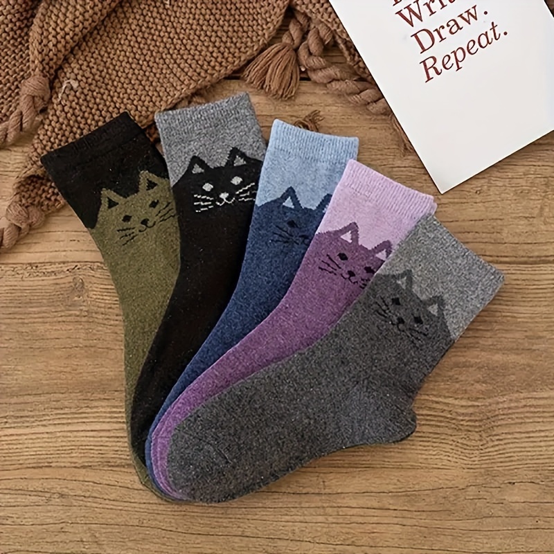 

Elegant Cat Pattern Socks For Women, 5 Pairs Pack, Cozy Polyester-cotton Knit Mid-calf Socks For Casual Indoor And Outdoor Use