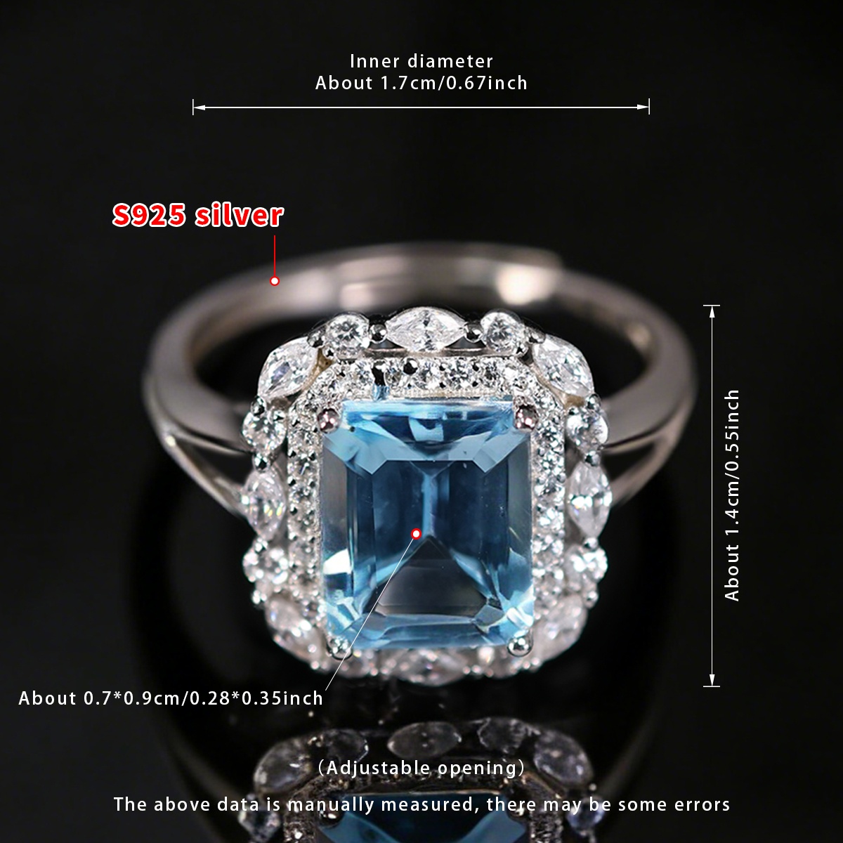 TEMU Bague en argent 925 dans une boîte cadeau, ajustable avec un design ouvert, ensemble avec un bleu naturelle, présentant une grande face de bague