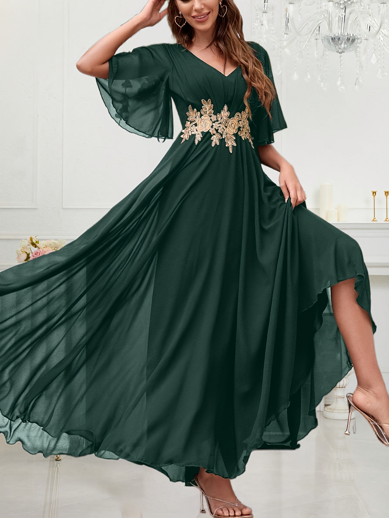 slim fit dress slacks Dark Green A-Line Lace Appliques Chiffon Prom Dress main image 1