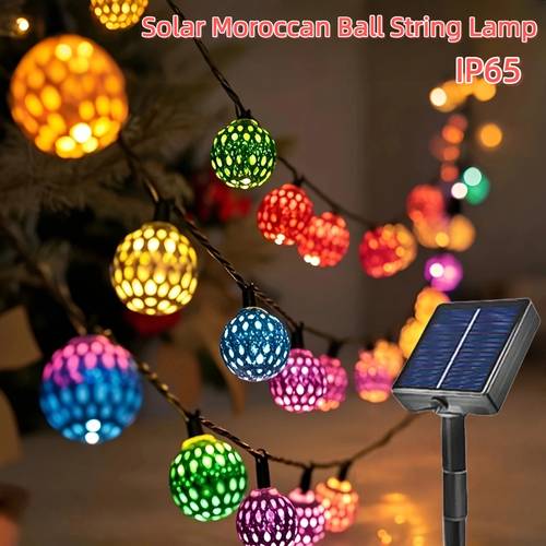 1 pack of new lithium battery solar powered moroccan sphere string lights metal spherical outdoor fairy lights small round ball lights with 8 colors warm and multicolor suitable for halloween thanksgiving new year