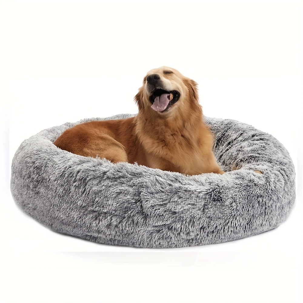 

Long Plush Calming Dog Bed Cat Bed, Round Donut Washable Cat Nest, Anti-slip Fur Fluffy Cuddler Cat Sleeping Bed