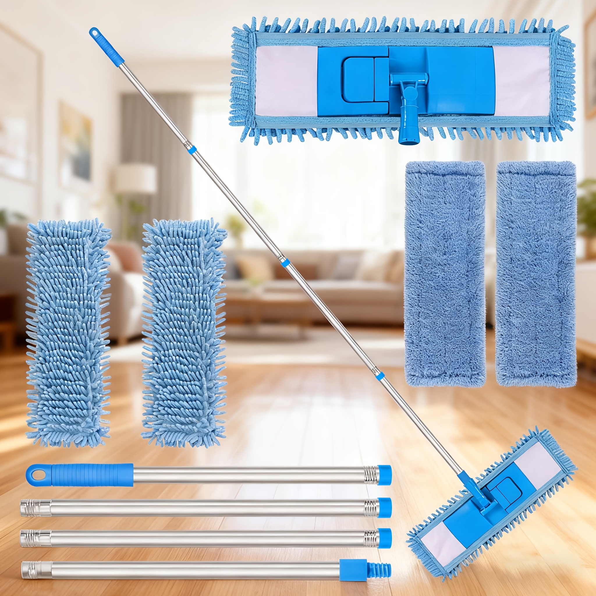 E-shop 360° drehbarer Mopp mit Teleskopstangen, verstellbare Länge, Bodenreiniger mit 2 Mikrofaser- 2 Chenille-Tüchern, Nass- Trockenwischer,