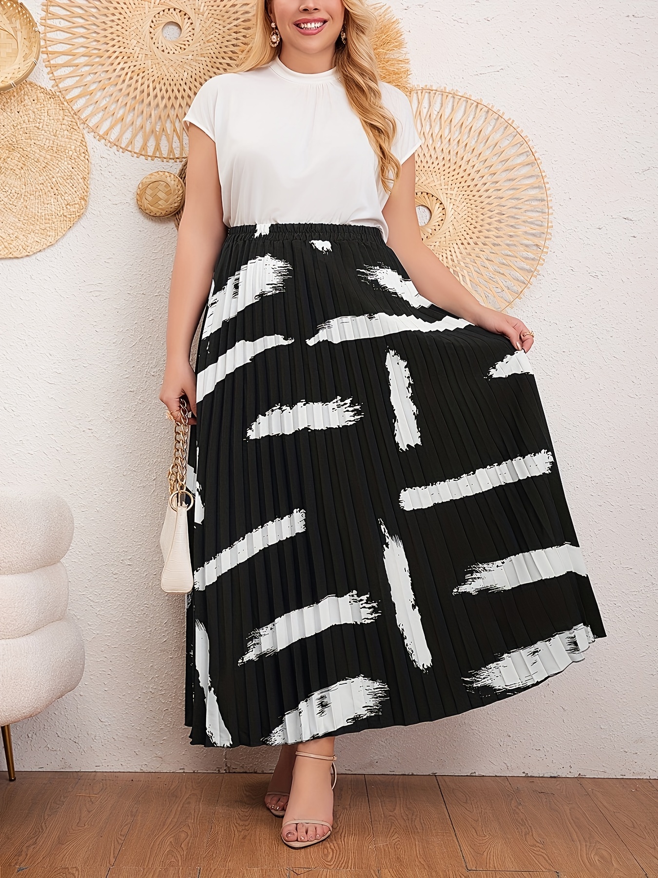 plus size geometric print pleated skirt casual elastic waist