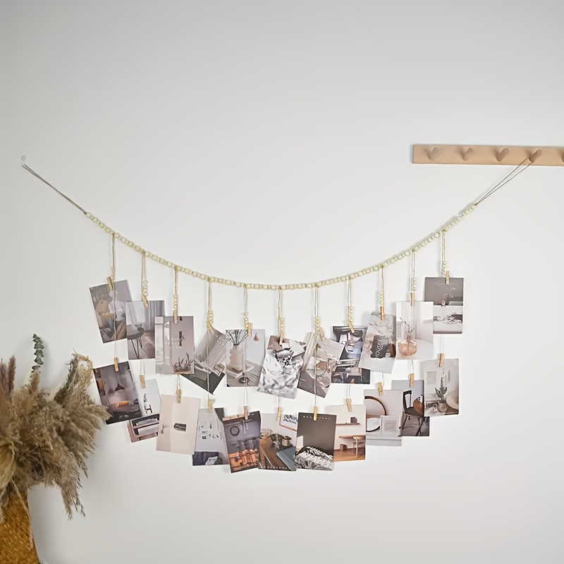 Image of 1pc Photo Banner With 22pcs Wooden Clips, Hanging Wooden Bead Photo Display Rack, Bohemian Photo Garland, Wooden Bead Wreath, For Wall Decor, Home, Classroom, Office, Dorm Decoration, Party Supplies