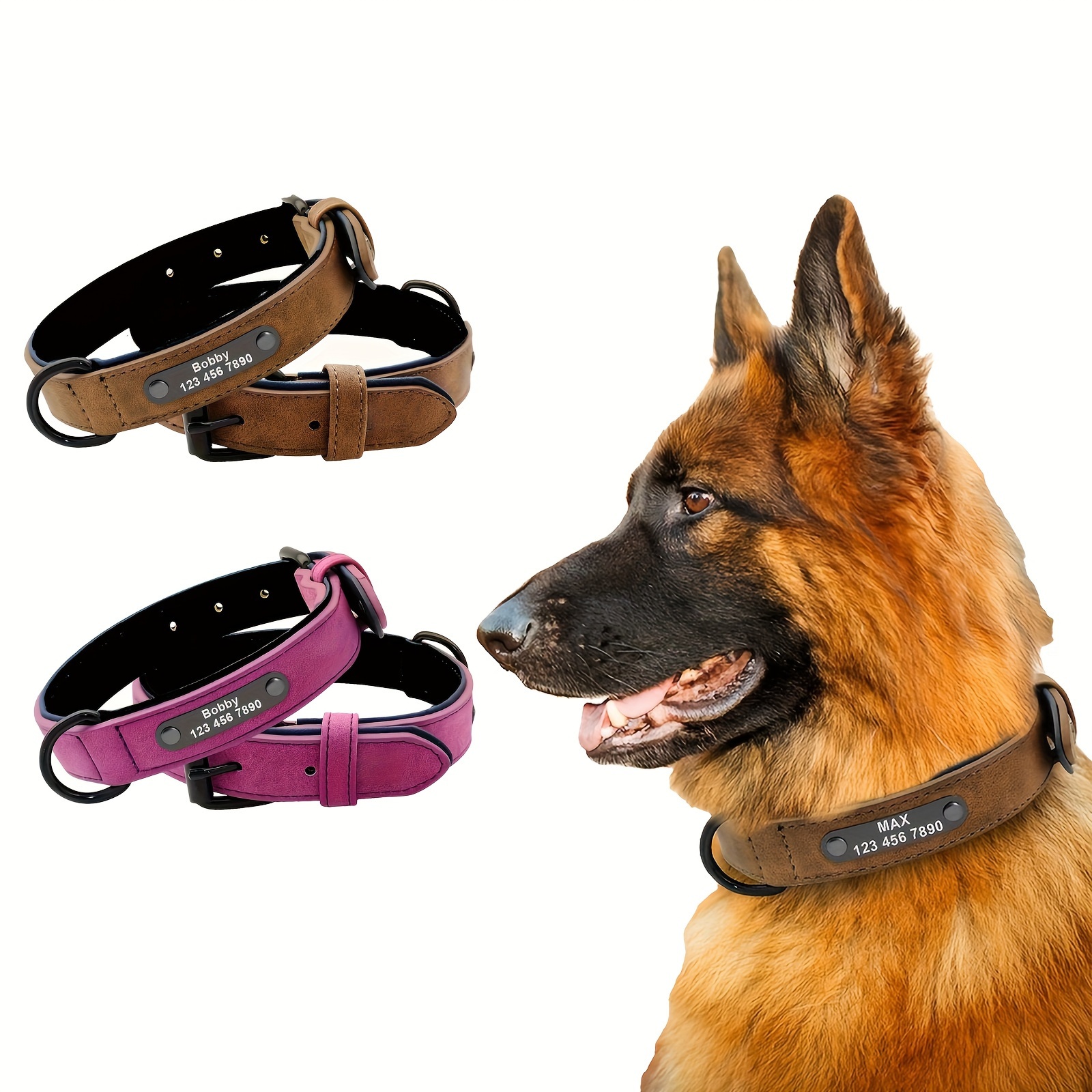 

Custom Engraved Faux Leather Dog Collar With Soft Padding, Solid Color Pet Collar With Personalized Nameplate For Small To Large Dogs