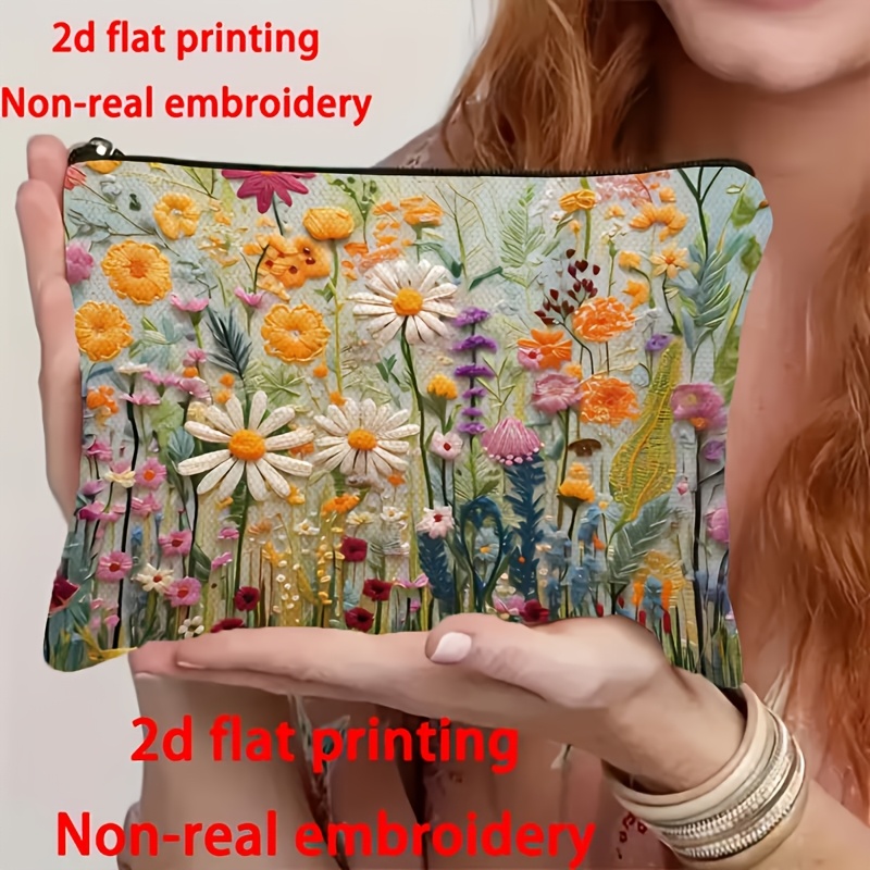 TEMU Trousse de Cosmétique de Voyage Florale Rétro (Design 2D Broderie) Organisateur Cosmétique Élégant à Fermeture Éclair, Sac de Toilette