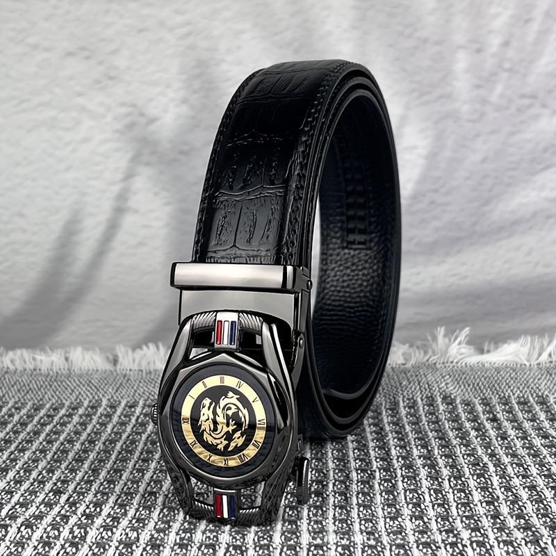 TEMU Dragon Pattern Printed Alloy Automatic Buckle Belt, 1.38-inch Crocodile Pattern Embossed Ratchet Belt, Adjustable Fashionable Belt.